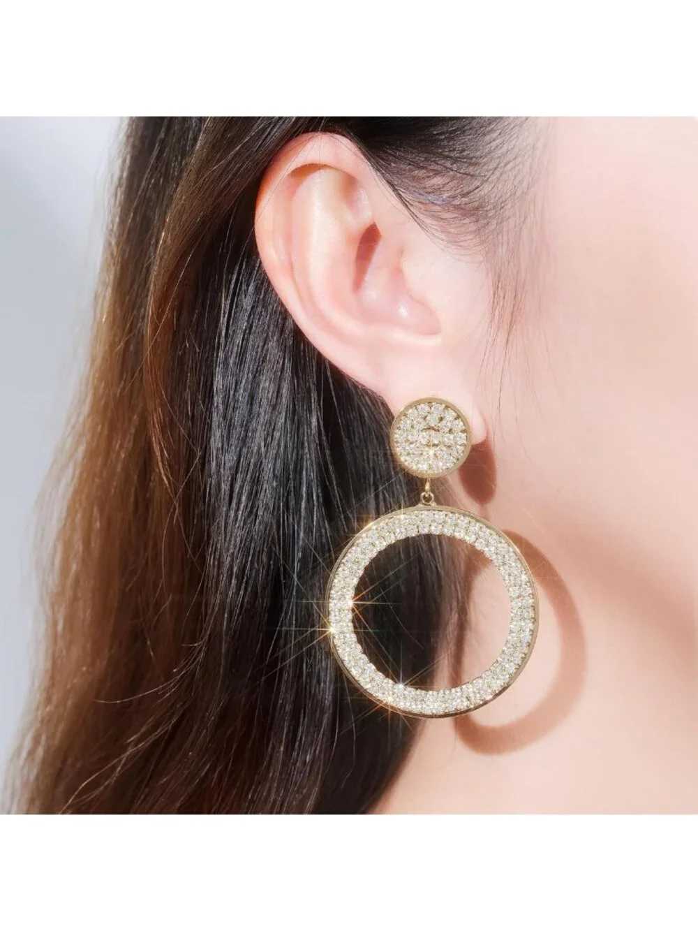 Elegant Gold Plated Circle Drop Earrings with Pavé Crystal Rhinestones, 60mm